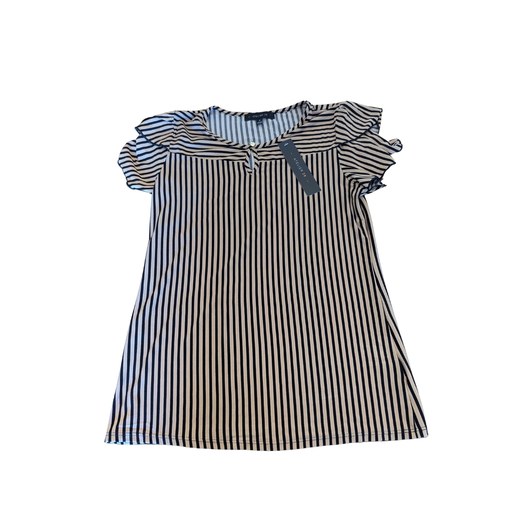 NWT Atelier 29 Womens Small Black Beige Striped Petal Sleeve Blouse